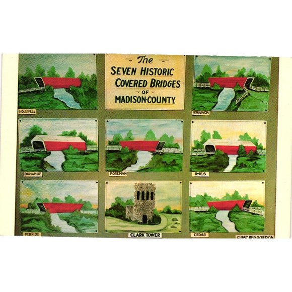 The Seven Historic Covered Bridges Madison County Postcards 1957 Landmarks - Picture 1 of 2